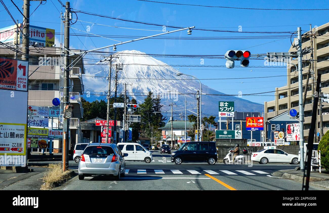 Gotemba, Japan - Jan 1, 2016. Gotemba Township with Mt. Fuji background. Gotemba is a city on the southeastern flank of Mount Fuji in Shizuoka Prefect Stock Photo