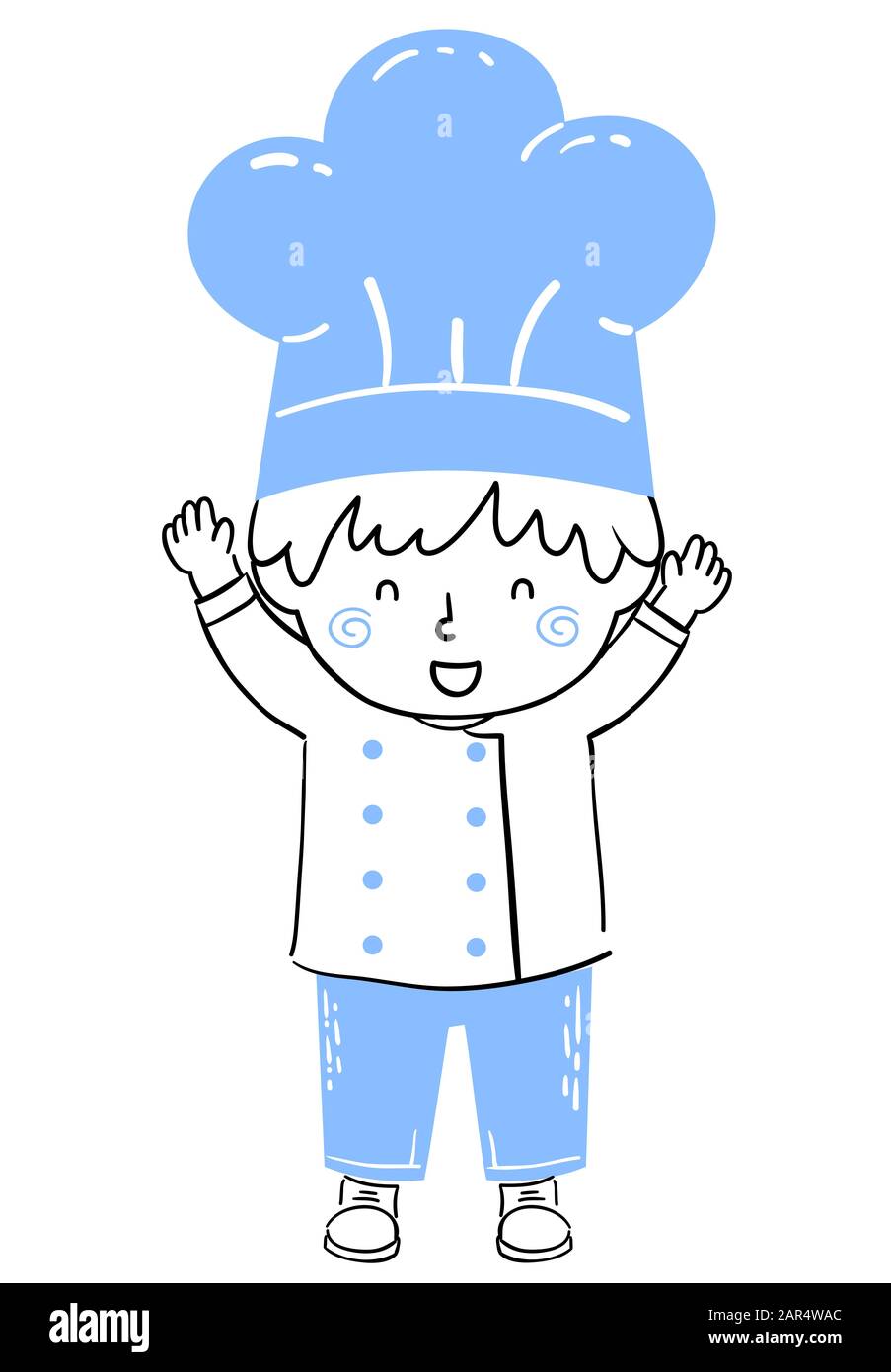 Doodle Illustration of a Kid with Hands Up Wearing Chef Uniform and Hat Stock Photo