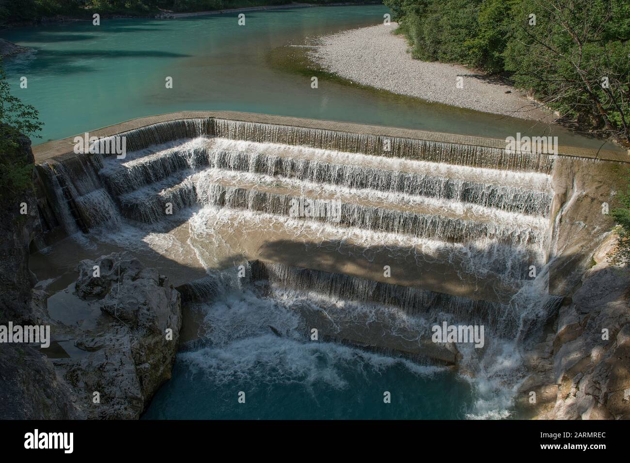 Man made waterfall in Füssen a touristic and historic town on the romantic road Stock Photo