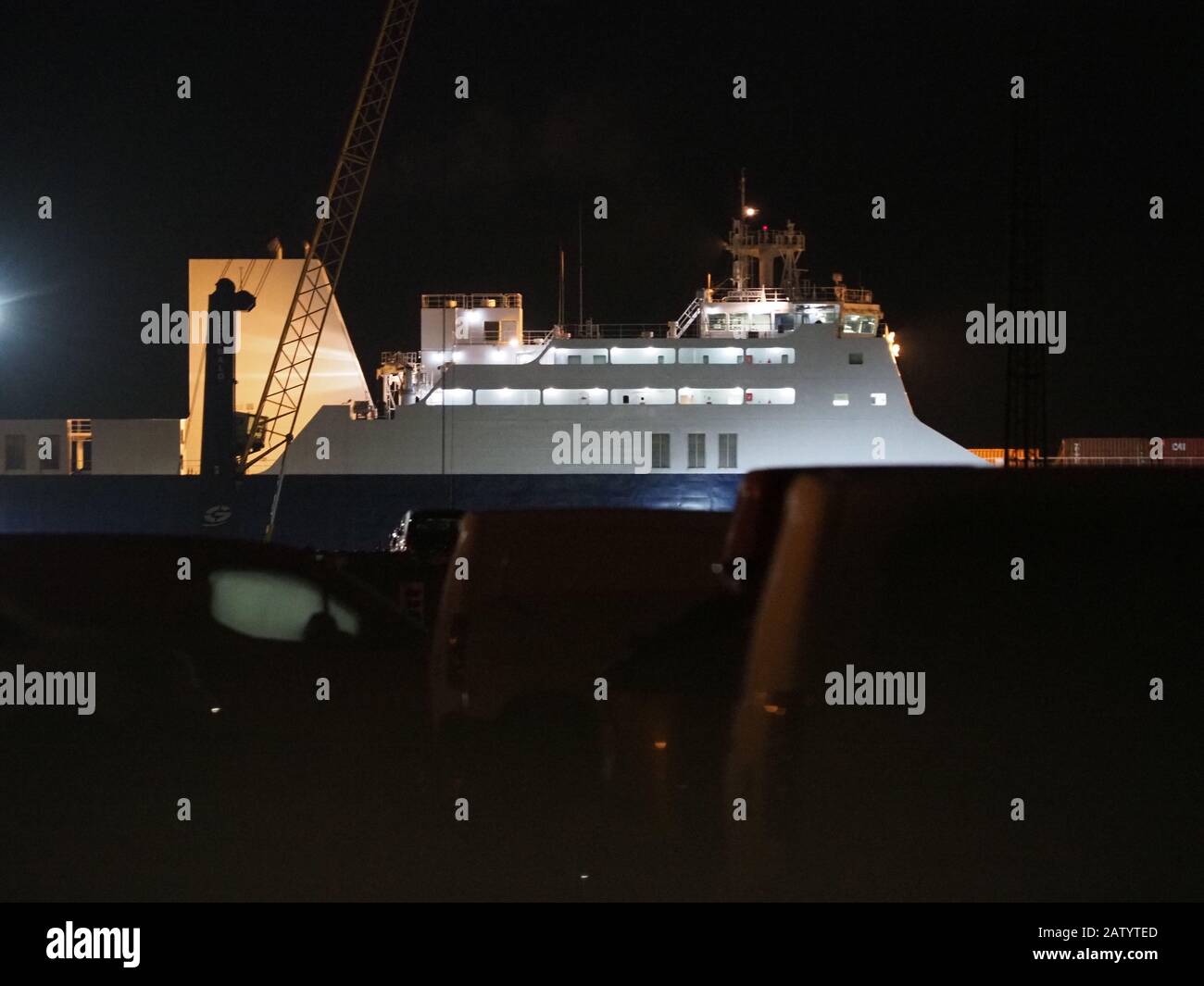 Sheerness, Kent, UK. 5th Feb, 2020. The controversial Saudi arms ship 'Bahri Yanbu' docked in the Port of Sheerness this evening. The ship was originally due to dock at Antwerp a few days ago, and then Tilbury, but both were abandoned due to protesters. Credit: James Bell/Alamy Live News Stock Photo