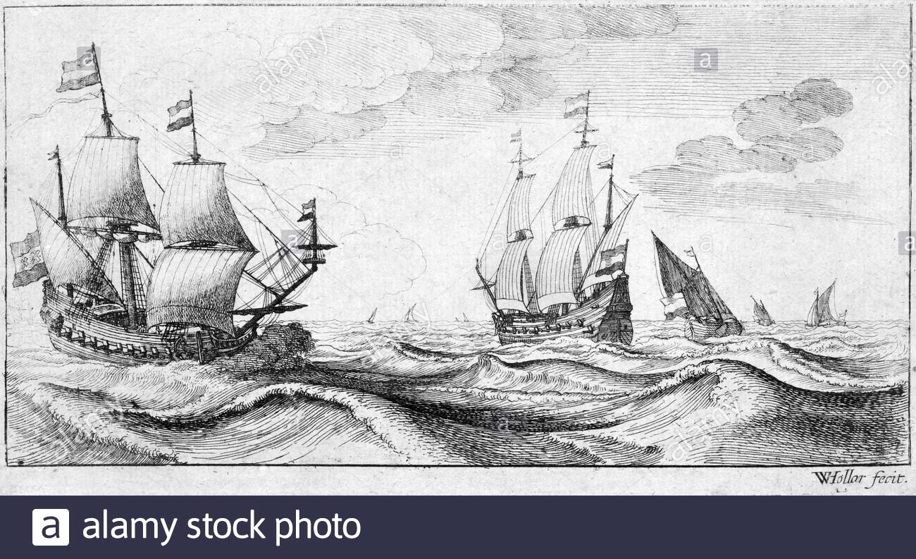 Two Warships under sail, etching by Bohemian etcher Wenceslaus Hollar from 1600s Stock Photo