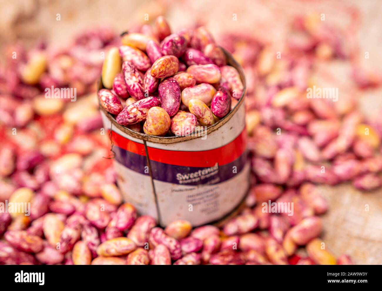 Red kidney beans in tin can, local market Stock Photo