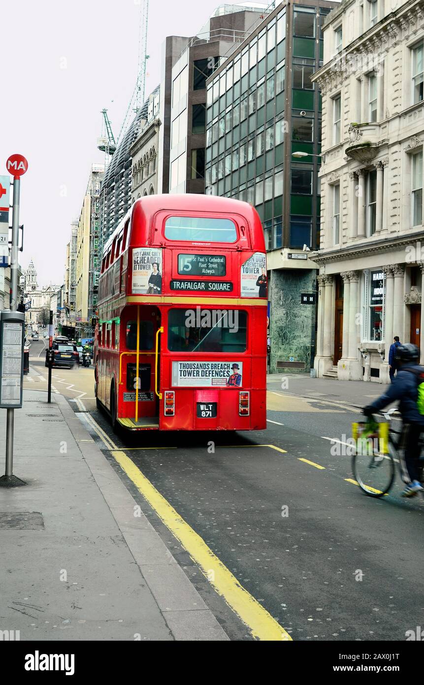 London, United Kingdom - January 17th 2016: Traditional double-deck bus in Fleet street Stock Photo