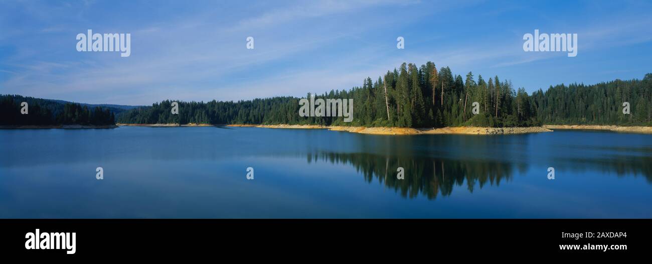 Reflection of trees in a river, Sly Creek Reservoir, Plumas National Forest, California, USA Stock Photo