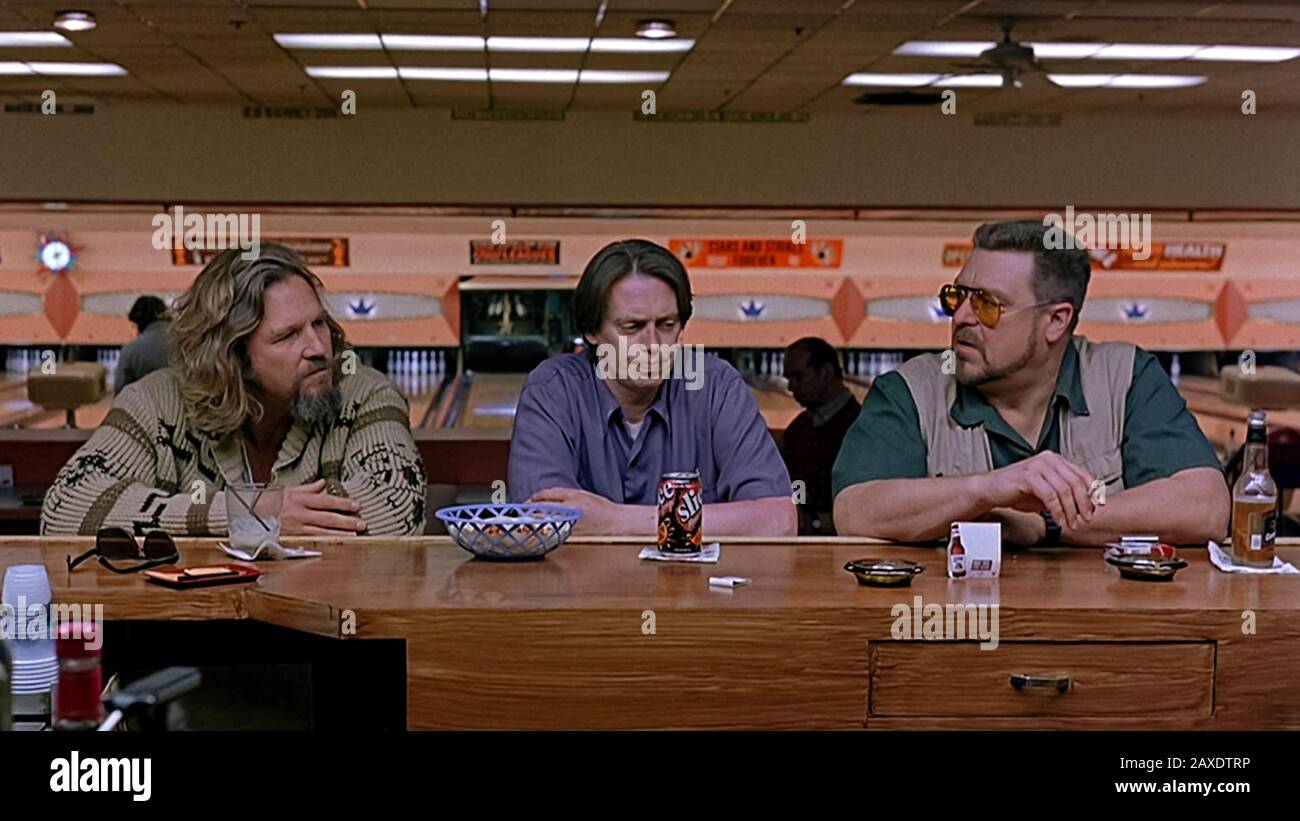 The Big Lebowski (1998) directed by Joel and Ethan Coen and starring Jeff Bridges as Jeffrey 'The Dude' Lebowski, Steve Buscemi as Donny Kerabatsos and John Goodman as Walter Sobchak in this cult classic about The Dude’s journey for compensation for his ruined rug. Stock Photo