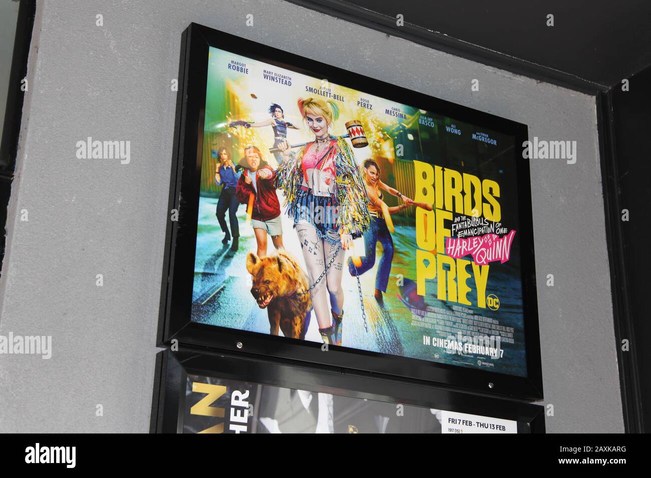 Birds of Prey movie poster outside Everyman Cinema in Esher, Surrey, UK, February 2020 Stock Photo