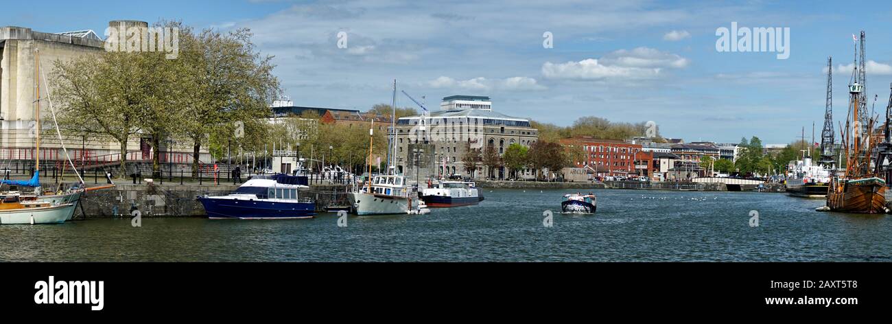 Bristol Docks with water taxis and The Matthew sailing ship, England, United Kingdom Stock Photo