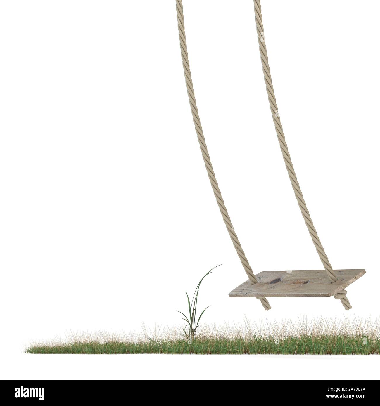 Swing made of rope and a wooden plank over grass ground. 3D Stock Photo