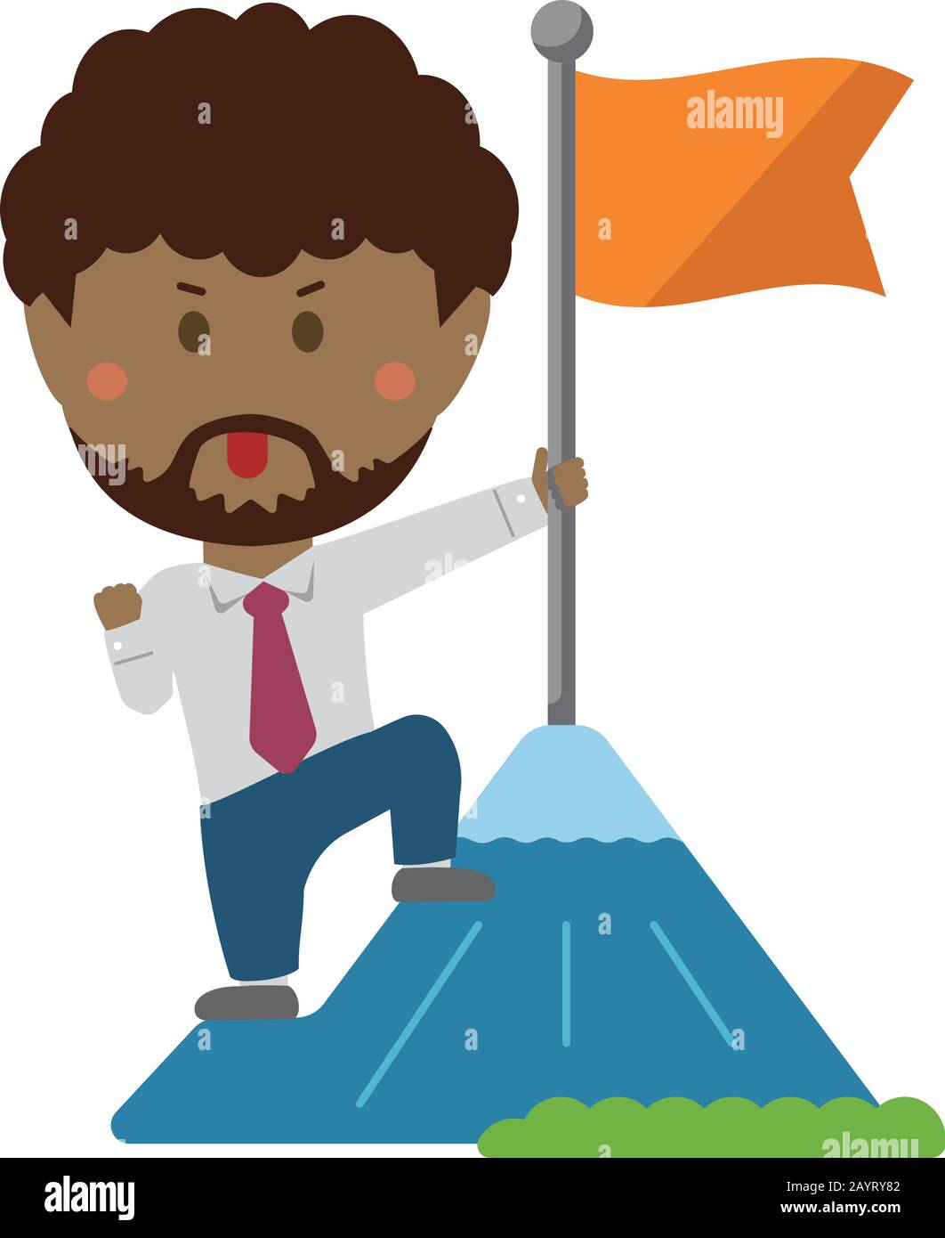 Cartoon illustration of a businessman (black people) grabbing a flag on top of the mountain. metaphorical expression of an ambitious businessman. Stock Vector