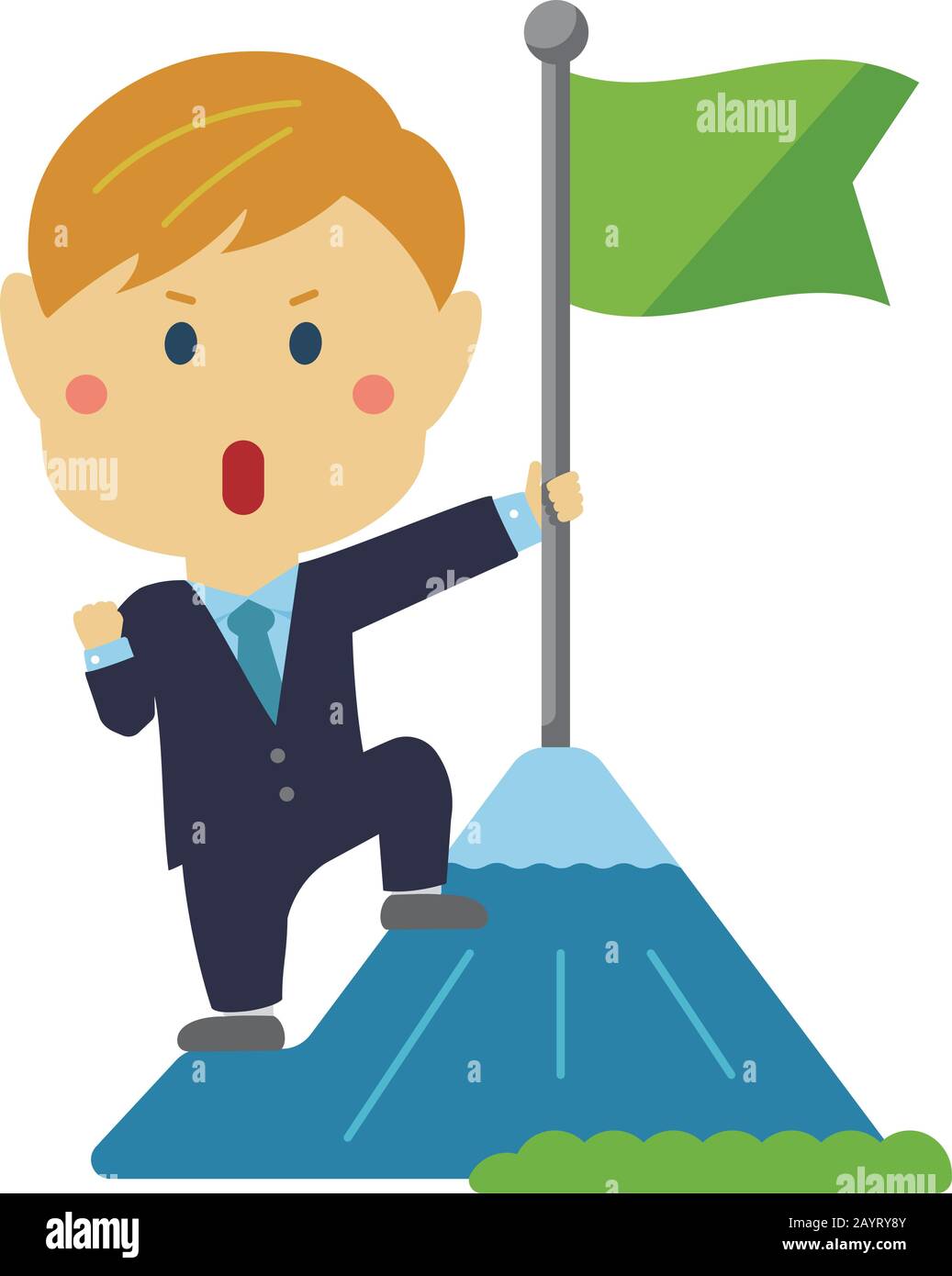 Cartoon illustration of a businessman (caucasian,american) grabbing a flag on top of the mountain. metaphorical expression of an ambitious businessman Stock Vector