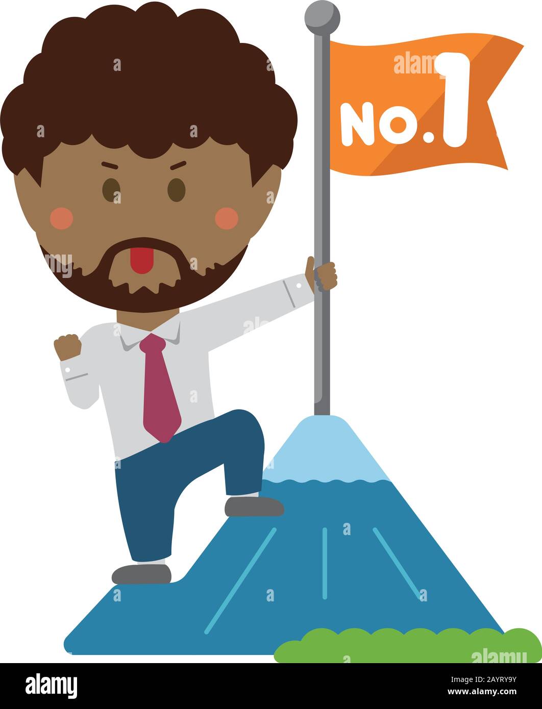 Cartoon illustration of a businessman (black people) grabbing a flag on top of the mountain. metaphorical expression of an ambitious businessman. Stock Vector