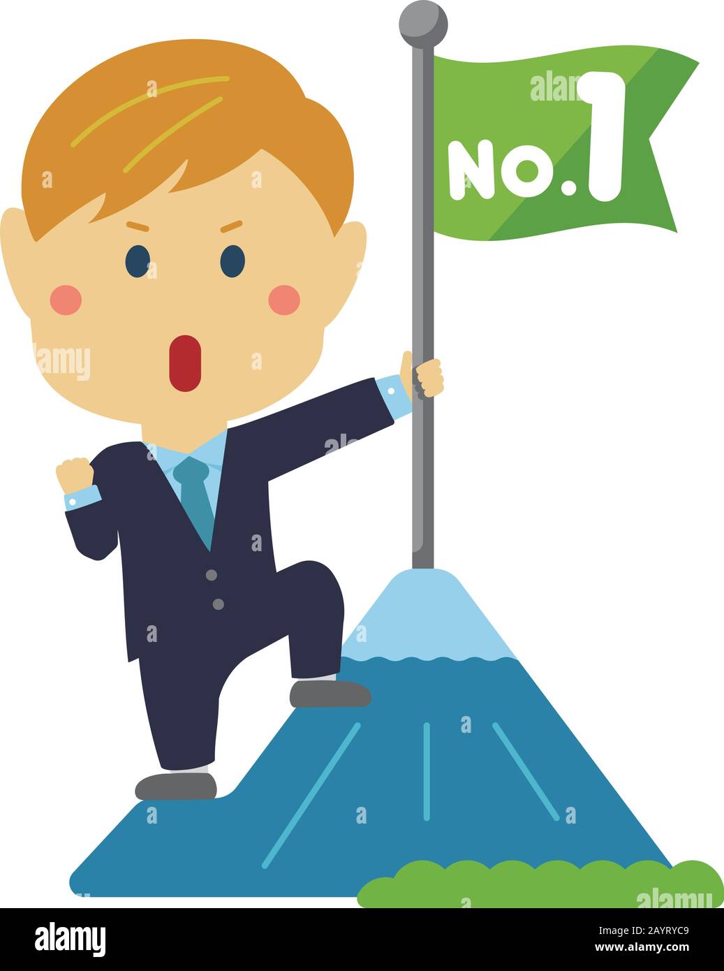 Cartoon illustration of a businessman (caucasian,american) grabbing a flag on top of the mountain. metaphorical expression of an ambitious businessman Stock Vector