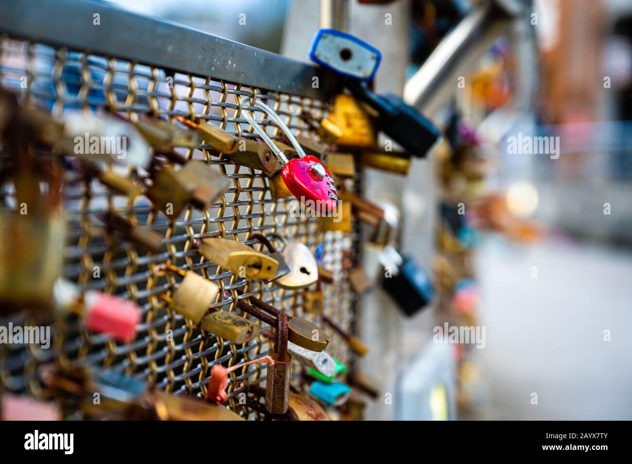 Love lock/love padlock on a Pero's Bridge in Bristol Harbour, England, UK Stock Photo