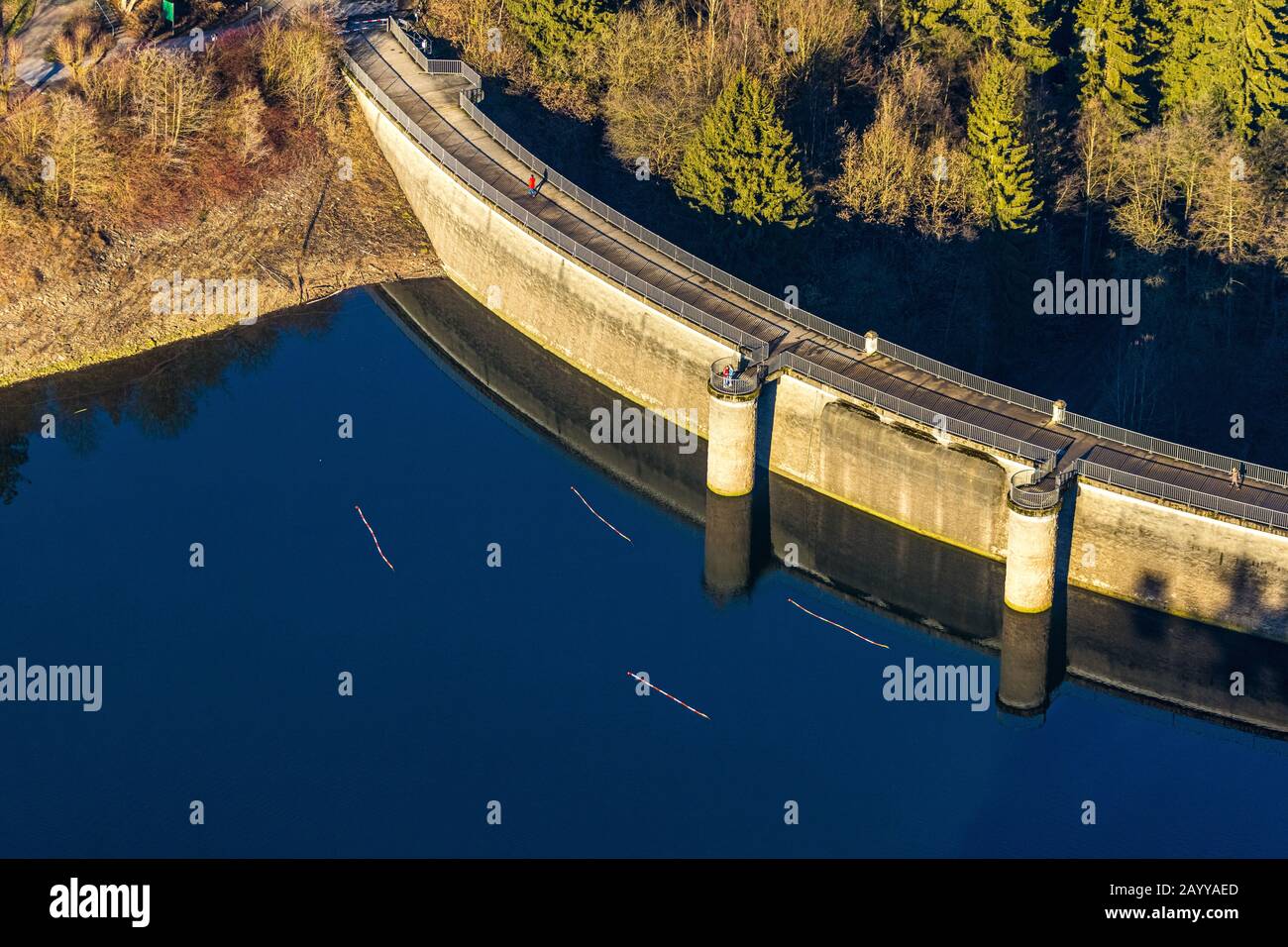 aerial photo, Glörtalsperre, Glör, dam, low water, Breckerfeld, Ruhr area, North Rhine-Westphalia, Germany, DE, Europe, birds-eyes view, aerial photo, Stock Photo