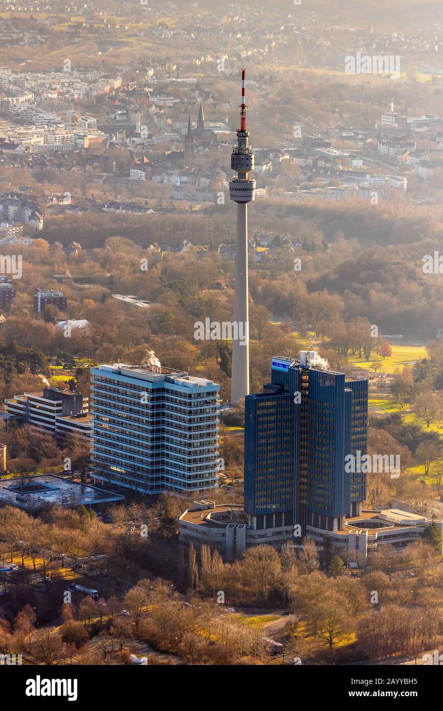 aerial photo, florian tower in Westfalenpark ,Westnetz, skyscraper, Dortmund, Ruhr area, North Rhine-Westphalia, Germany, DE, Europe, birds-eyes view, Stock Photo