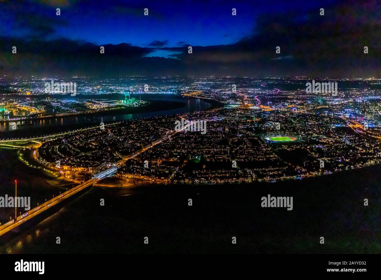 Aerial photo, Rhine arch, Oberkassel district, Golzheim, Düsseldorf, Rhineland, North Rhine-Westphalia, Germany, DEU, Europe, birds-eyes view, aerial Stock Photo