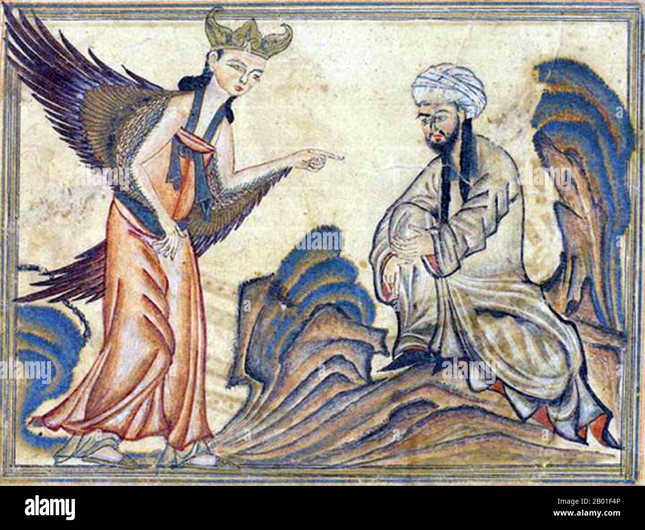 Iran/Persia: The Prophet Muhammad receiving his first revelation from God through the Angel Jibril (Gabriel). Miniature illustration on vellum from the book Jami' al-Tawarikh (literally 'Compendium of Chronicles' but often referred to as 'The Universal History or History of the World'), by Rashid al-Din (1247-1318), Tabriz, Persia, 1307 CE, now in the collection of the Edinburgh University Library, Scotland.  Representations of the Prophet Muhammad are controversial, and generally forbidden in Sunni Islam (especially Hanafiyya, Wahabi, Salafiyya). Stock Photo