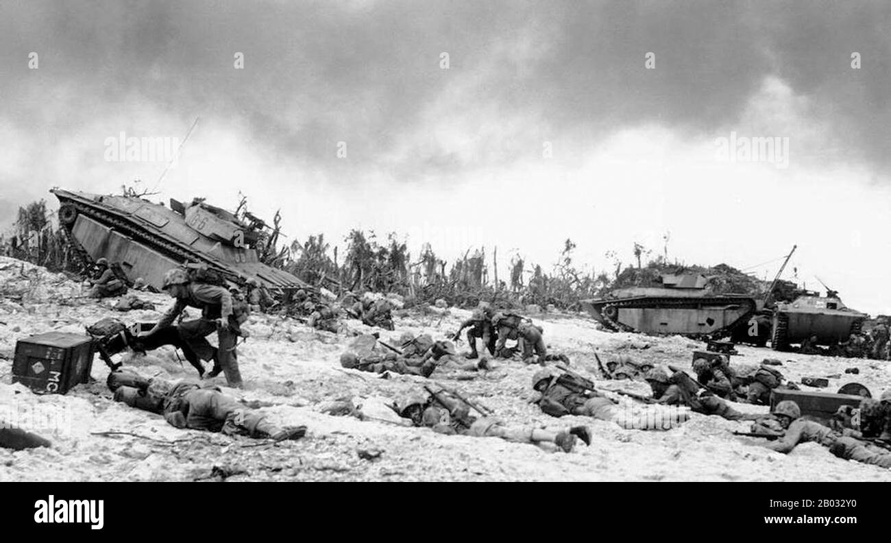 The Battle of Peleliu was fought between the United States and the Empire of Japan in the Pacific Theater of World War II, from September to November 1944 on the island of Peleliu (in present-day Palau). U.S. Marines of the First Marine Division, and later soldiers of the U.S. Army's 81st Infantry Division, fought to capture an airstrip on the small coral island.  This battle was part of a larger offensive campaign known as Operation Forager, which ran from June to November 1944 in the Pacific Theater of Operations. Stock Photo