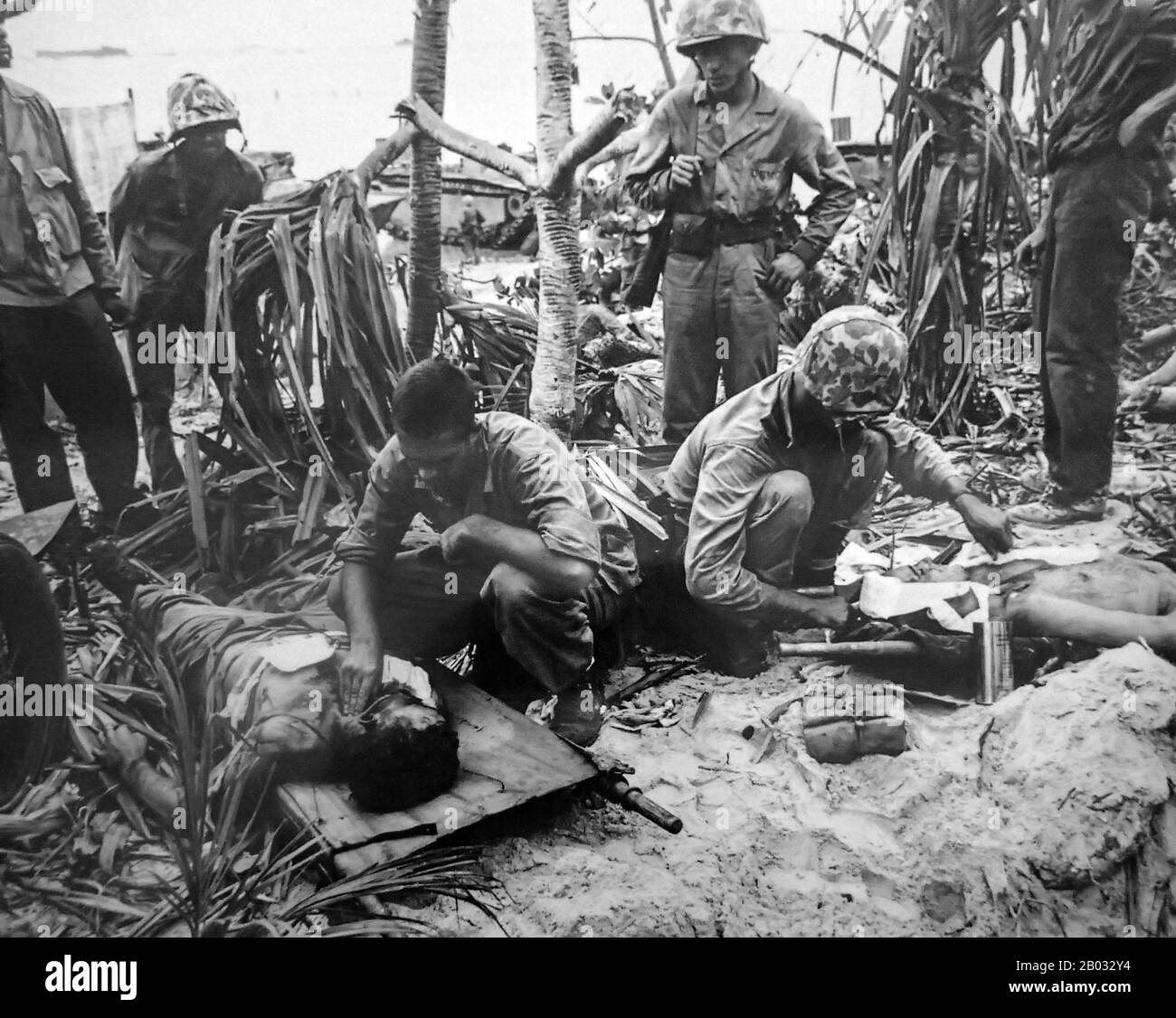 The Battle of Peleliu was fought between the United States and the Empire of Japan in the Pacific Theater of World War II, from September to November 1944 on the island of Peleliu (in present-day Palau). U.S. Marines of the First Marine Division, and later soldiers of the U.S. Army's 81st Infantry Division, fought to capture an airstrip on the small coral island.  This battle was part of a larger offensive campaign known as Operation Forager, which ran from June to November 1944 in the Pacific Theater of Operations. Stock Photo