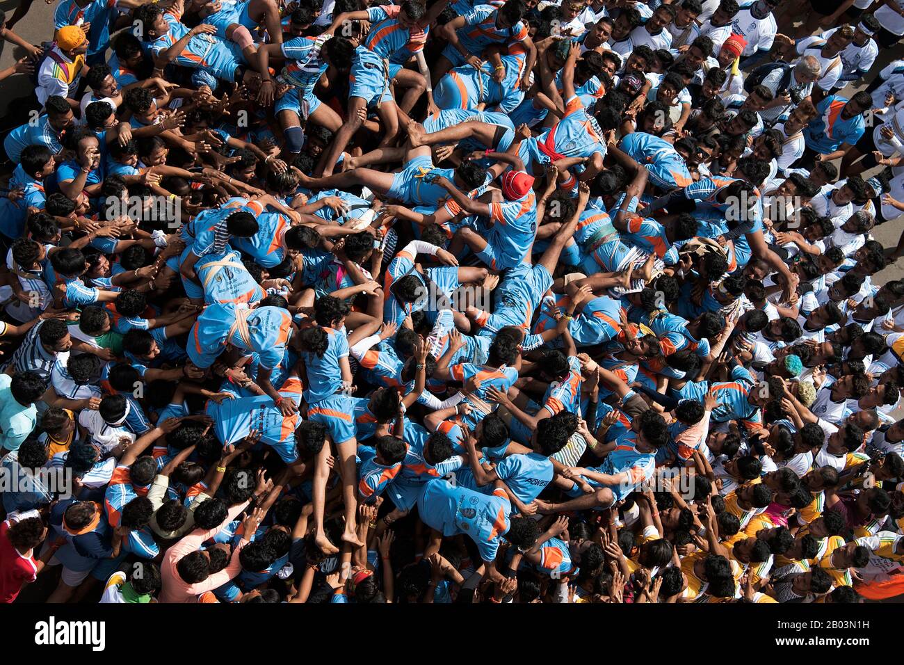 The image of Govindas fall down while making a human pyramid to reach and break a dahi handi (curd-pot), on occasion of the Janmashtami Festivali at D Stock Photo