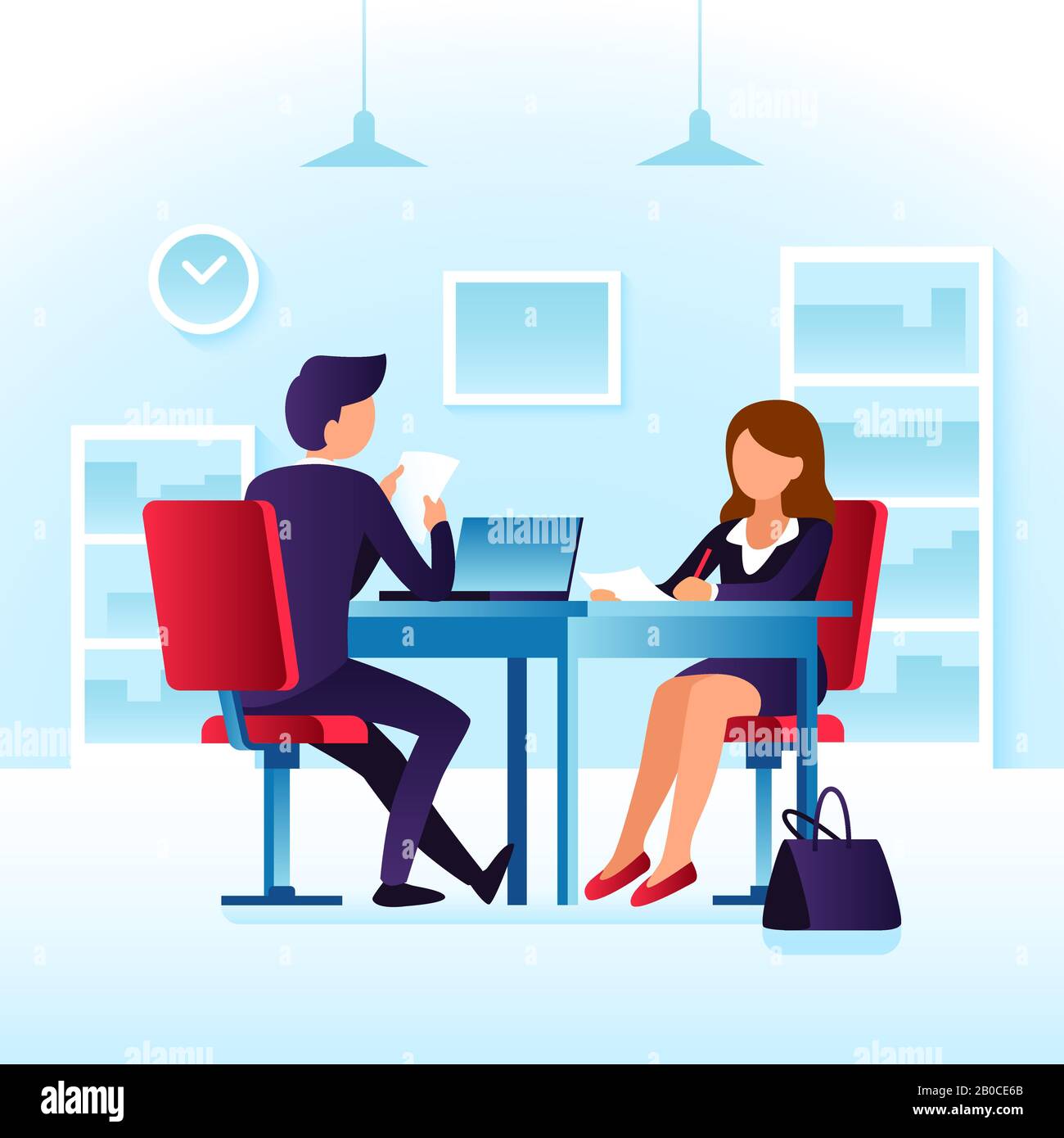 Employee contender woman and impressed employer interviewer. Job interview, meet at table cartoon vector concept Stock Vector