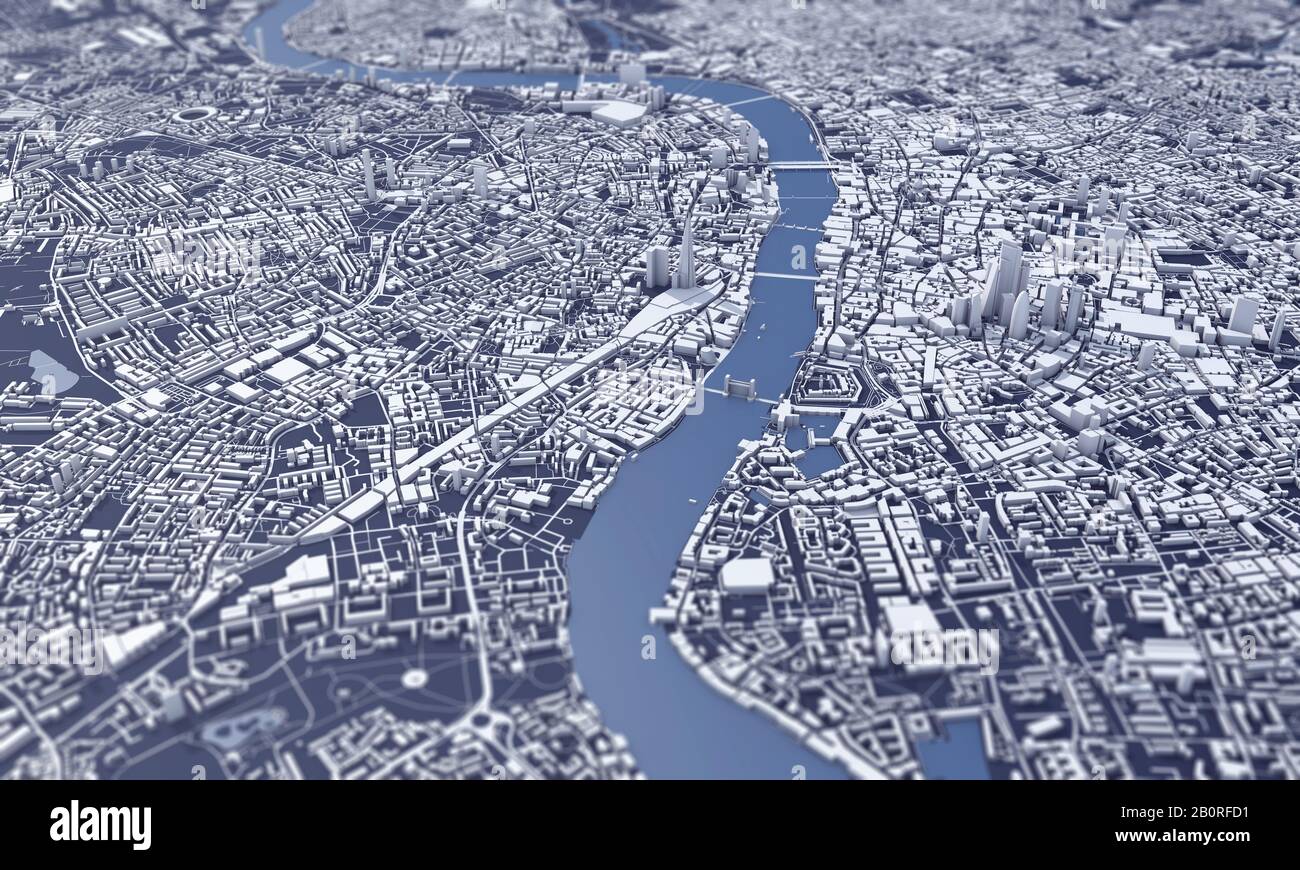 London city map 3D Rendering. Aerial satellite view. Stock Photo