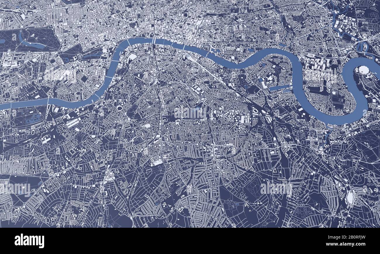 London city map 3D Rendering. Aerial satellite view. Stock Photo