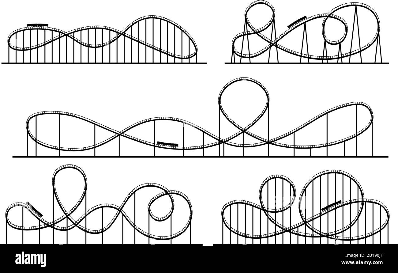 Roller coaster silhouette. Amusement park atractions, switchback attraction and rollercoaster vector silhouettes set Stock Vector