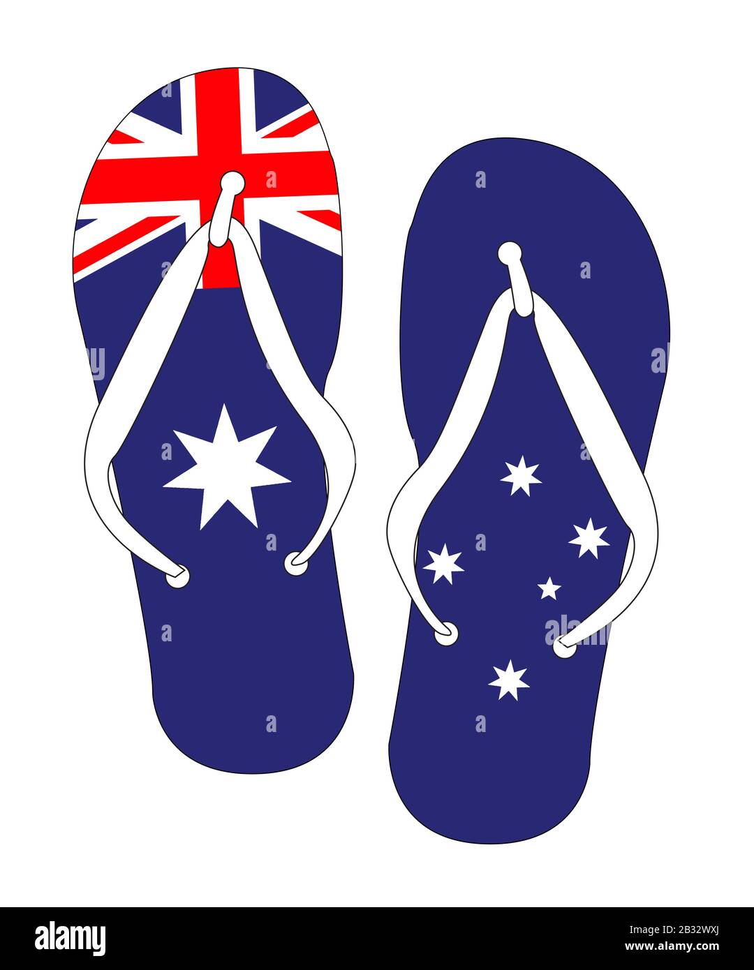 Red white and blue Australia Union Jack flag flip flop shoe silhouette on a white background Stock Vector