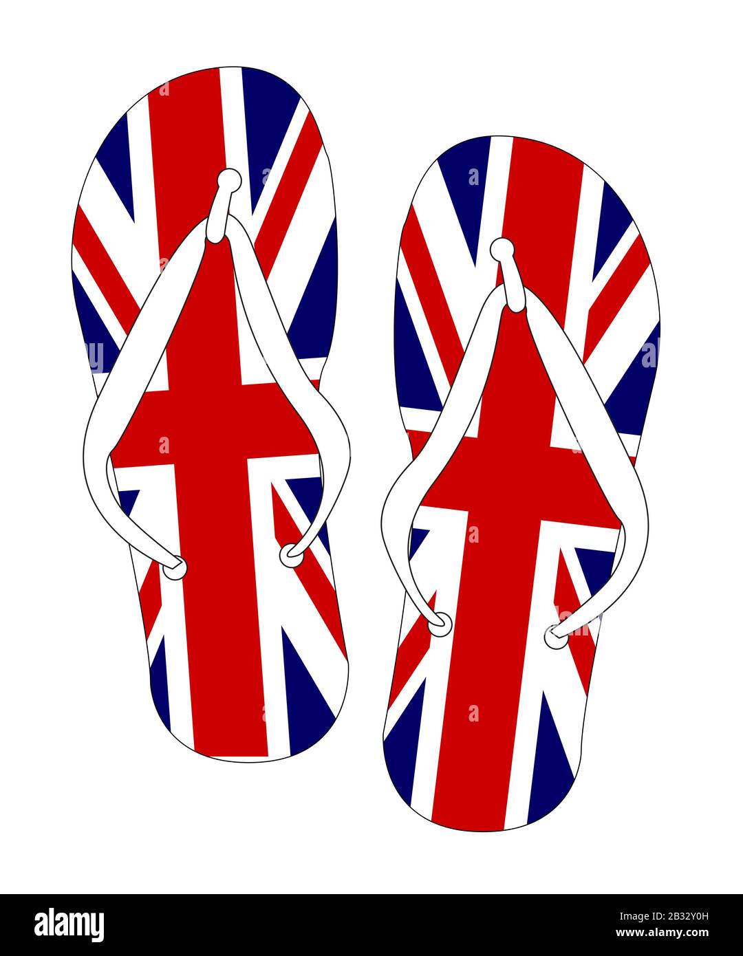 Red white and blue UK Union Jack flag flip flop shoe silhouette on a white background Stock Vector