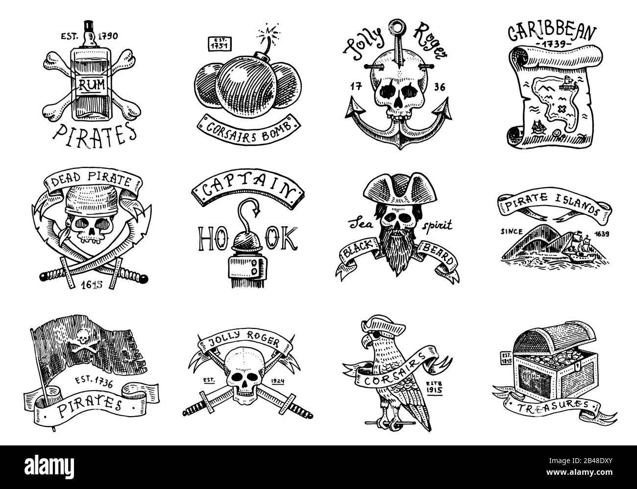 Set of pirate labels. Corsairs, skull at anchor, map to treasure, military black beard, Caribbean island. Jolly roger. Hand drawn Engraved old labels Stock Vector