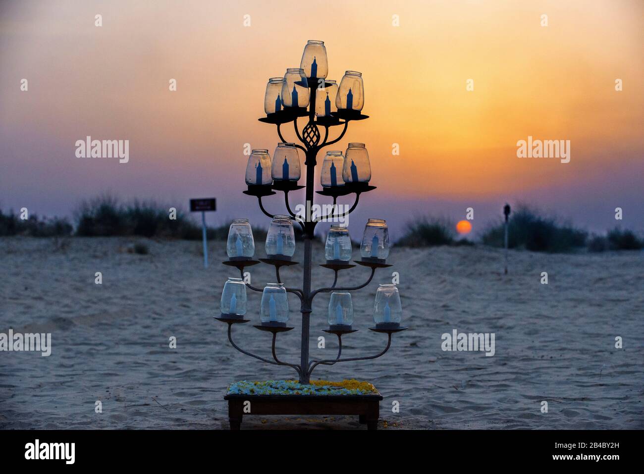 Gala dinner in the Sand Dunes in the the desert of Thar near Bikaner city Rajasthan India. With bonfire and traditional folk dances and music programm Stock Photo