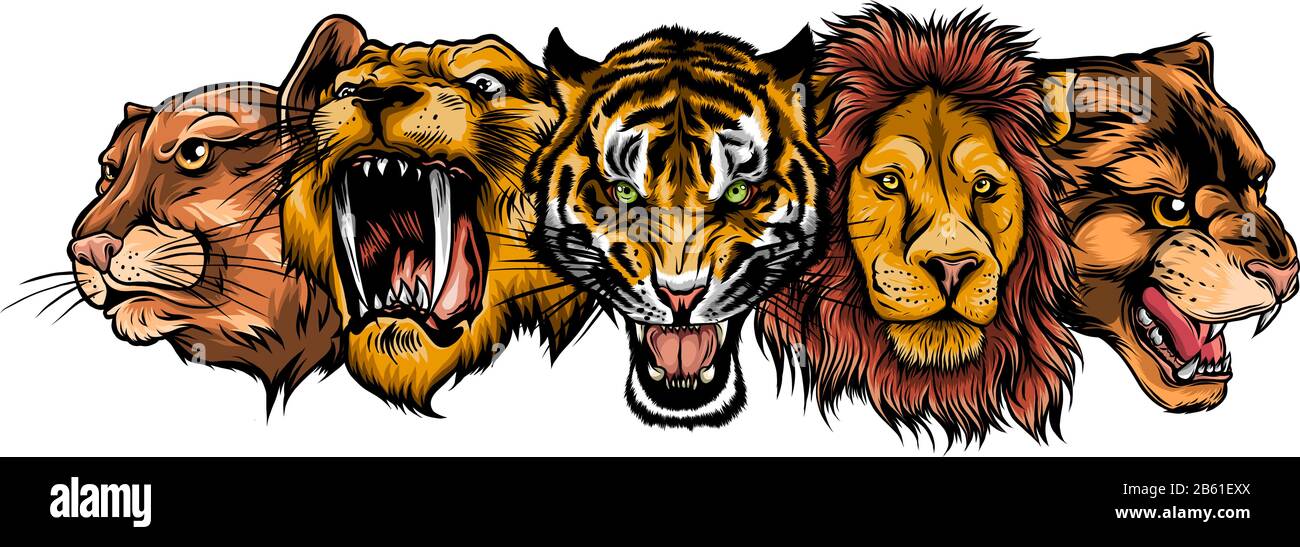 Wild Animals Heads Set. Lion, Tiger, Jaguar, Lynx - Vector Mascot Logo Design Stock Vector