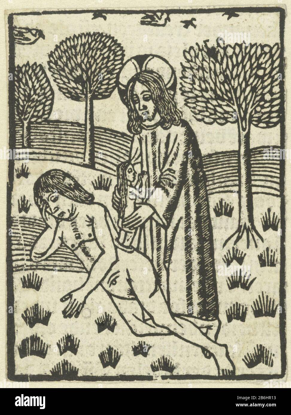 The Creation of Eva Journal of a book. God takes Eve Rib sleeping Adam. Birds and trees achtergrond. Manufacturer : printmaker: anonymous place manufacture: Leiden (possible) Dated: 1490 - 1510 Physical features: woodcut material: paper Technique: woodcut Dimensions: sheet: H 86 mm × W 64 mm Subject: Eve was fashioned from Adam's rib Stock Photo