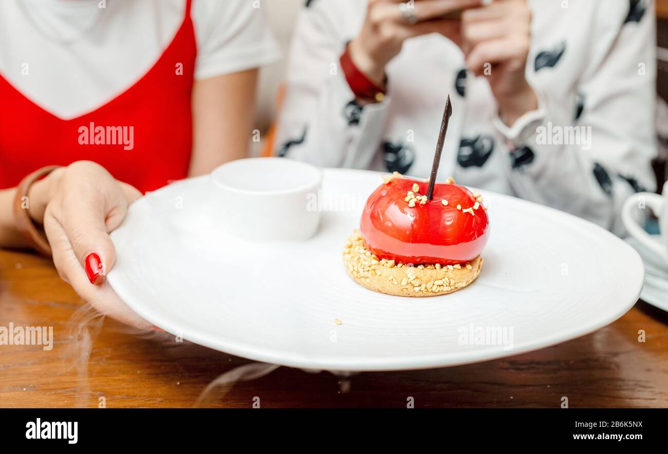 Tasty dessert with liquid nitrogen steam in restaurant Stock Photo