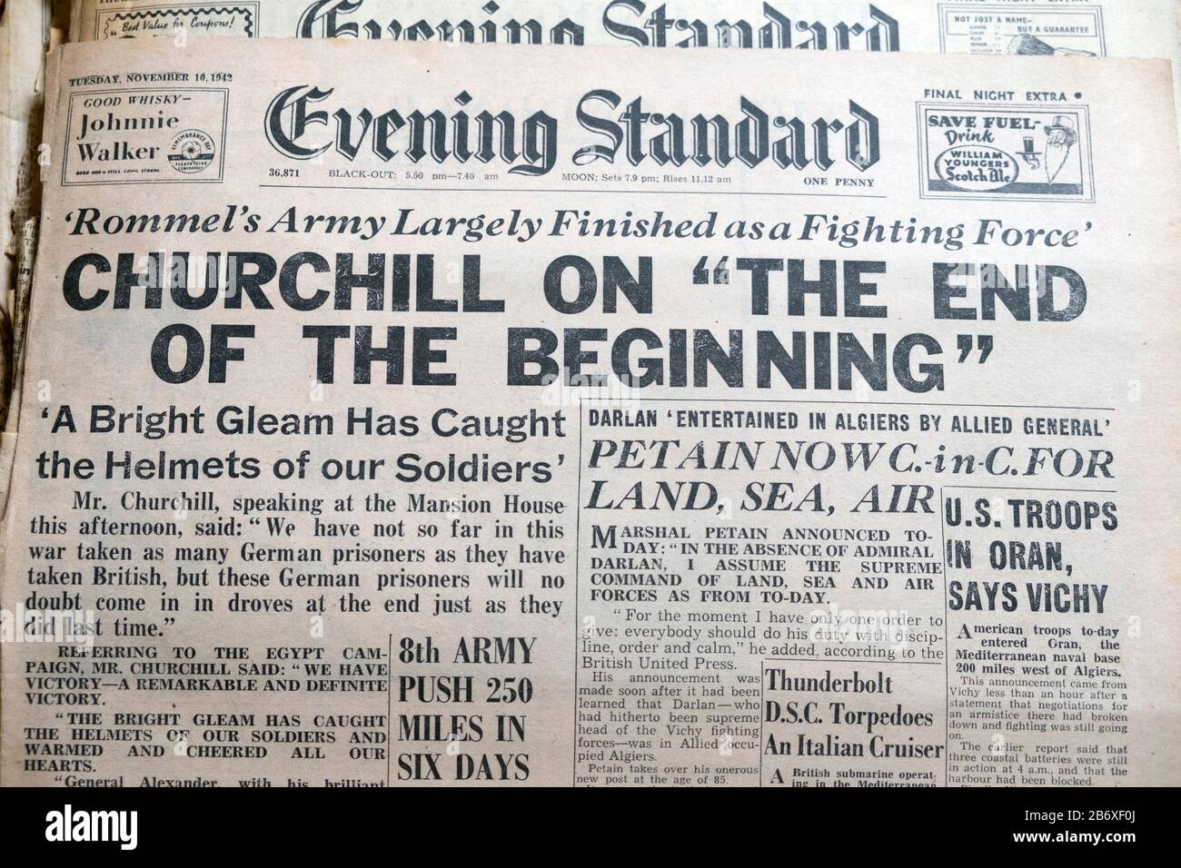 Churchill on 'the End of the Beginning' Evening Standard WW2 World War II newspaper headlines front page in London England UK 10 November 1942 Stock Photo