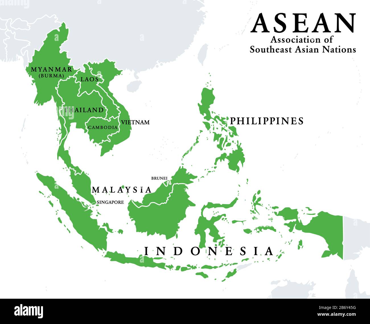 ASEAN member states, infographic and map. Association of Southeast Asian Nations, a regional intergovernmental organization with 10 member countries. Stock Photo