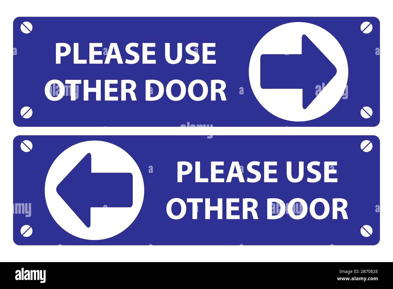 Please use other door sign on blue background white text and blue arrow in white circle. vector sign board. Stock Vector