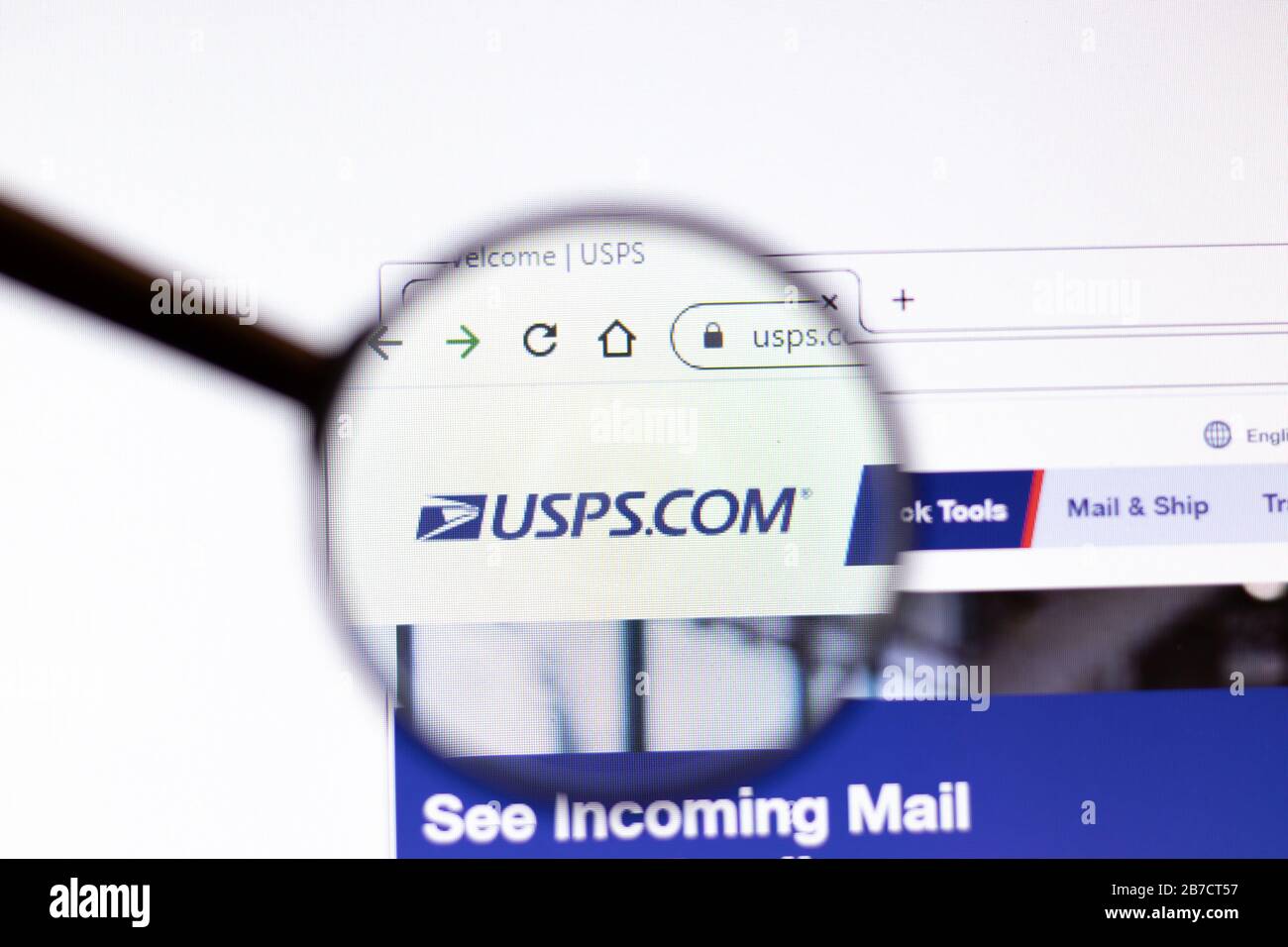 Los Angeles, California, USA - 15 March 2020: U.S. Postal Service USPS icon on website page. Usps.com logo visible on display screen, Illustrative Stock Photo