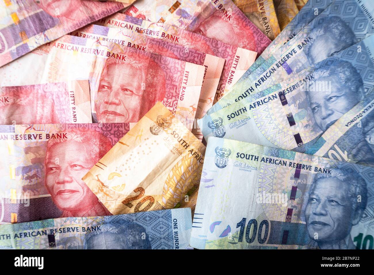 Banknotes and coins of South African currency called Rand Stock Photo