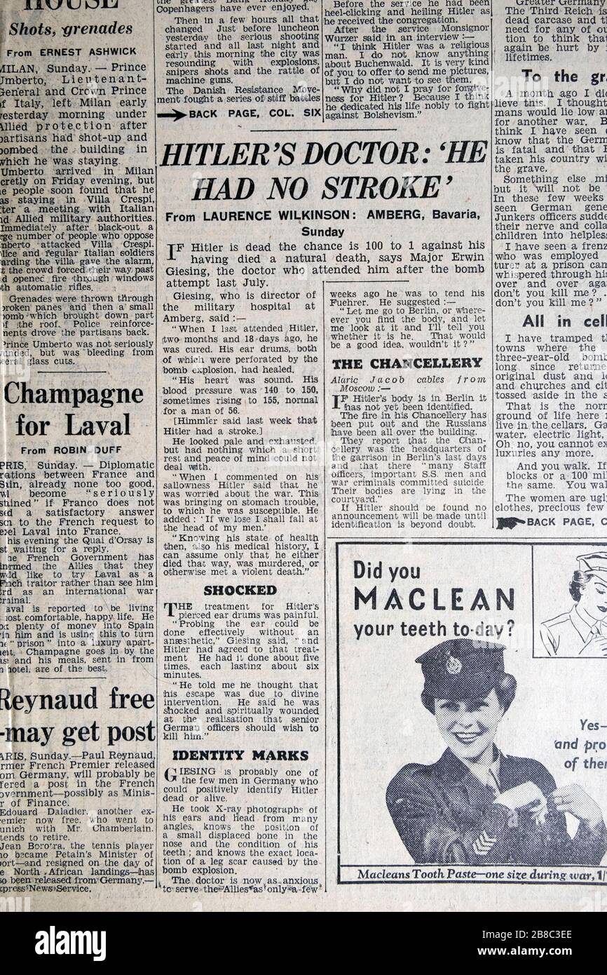 WWII article on inside page of British newspaper 'Hitler's Doctor: He Had No Stroke' Stock Photo