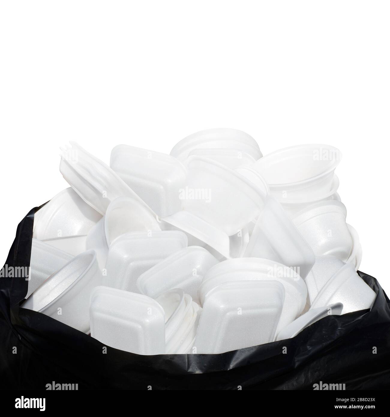 Waste Garbage foam food tray white many pile on the plastic black bag dirty isolated on white background, Trash, Recycle, foam trays garbage isolated Stock Photo