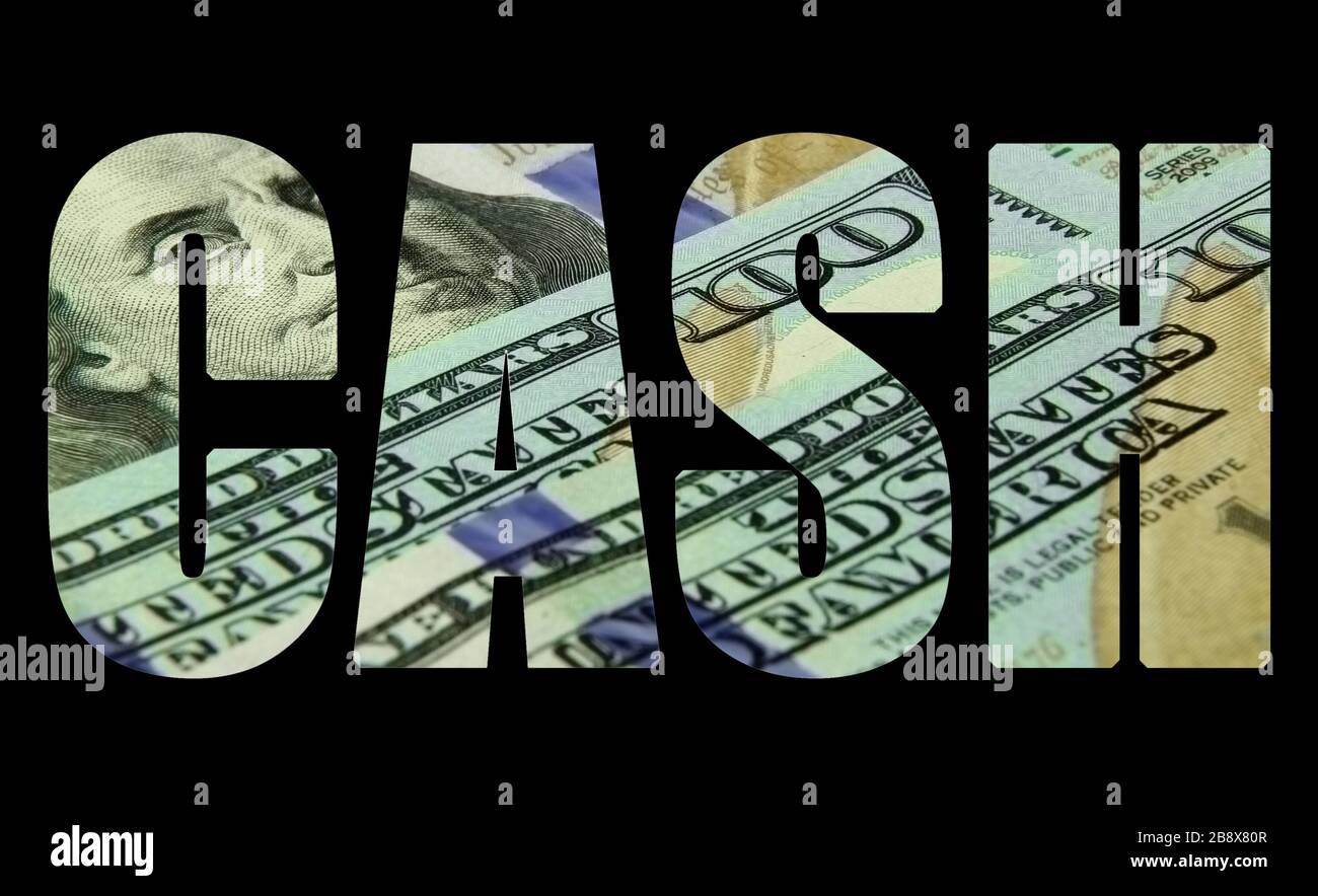 The inscription 'Cash' in the form of a stencil on the background of 100 dollar bills Stock Photo