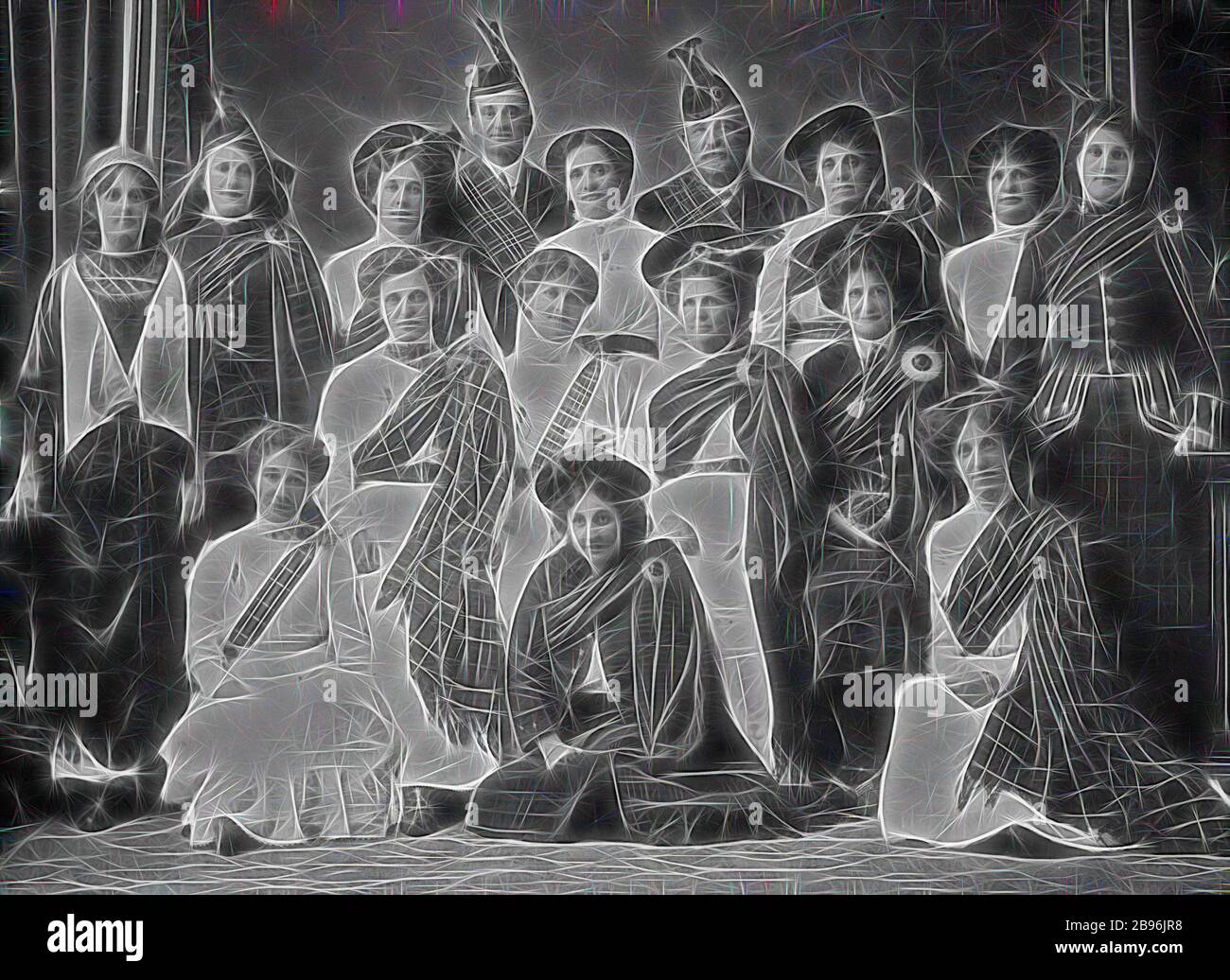 Negative - Bendigo, Victoria, circa 1905, A group of women in Highland costumes. Most wear white dresses with tartan sashes while three wear long kilts. There are two men (pipers?) at the rear of the group., Reimagined by Gibon, design of warm cheerful glowing of brightness and light rays radiance. Classic art reinvented with a modern twist. Photography inspired by futurism, embracing dynamic energy of modern technology, movement, speed and revolutionize culture. Stock Photo