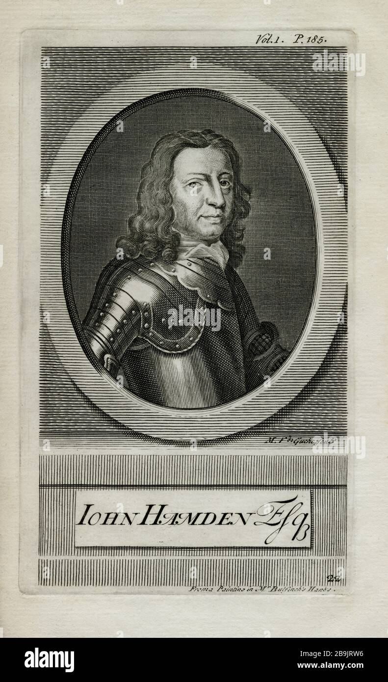 John Hampden (1595-1643), Member of the English Parliament before and during the English Civil War. Hampden challenged the authority of King Charles I and stood trial in 1637 for refusing to pay Ship Money, a tax originally levied on coastal areas in wartime which the king attempted to extend to inland counties while the country was at peace. Engraving created in the 1700s by Flemish engraver, Michael van der Gucht (1660-1725). Stock Photo