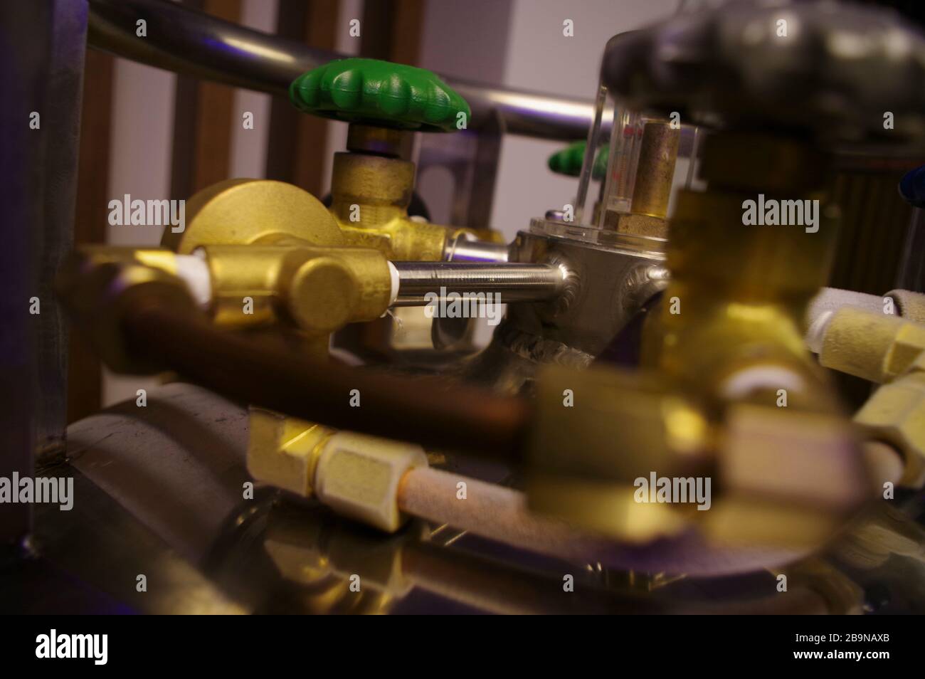 Cryogenic vessel. Pipes and valves. Tanker with liquid nitrogen. Cold steam metal pipe Stock Photo