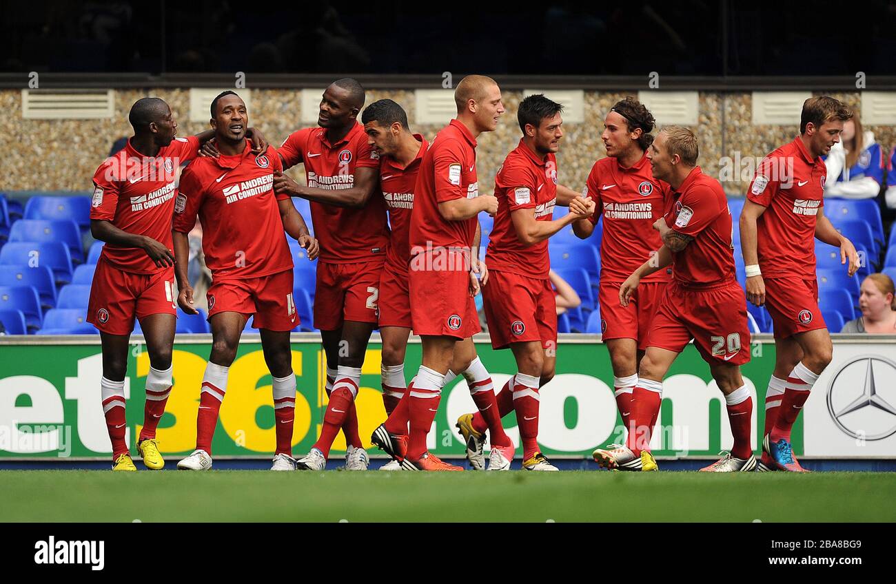 Charlton Athletic's Ricardo Fuller (2nd left) celebrates his goal against Ipswich Town with team mates. Stock Photo