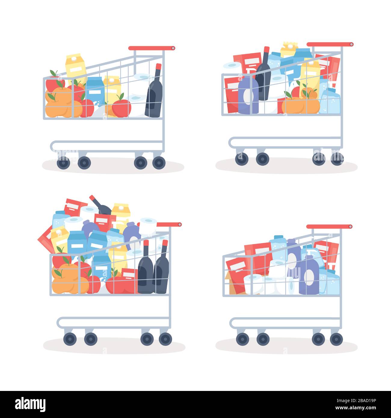 supermarket carts with cleaning supplies and food hoarding excess purchase vector illustration Stock Vector