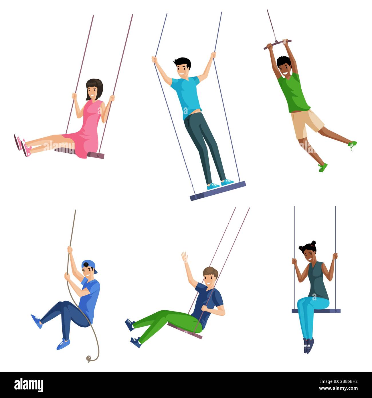 Set of smiling people sitting and standing on swings and swinging on rope swings. Young men and woman having fun flat illustration isolated on white. Summer vacation and holidays vector concept. Stock Vector