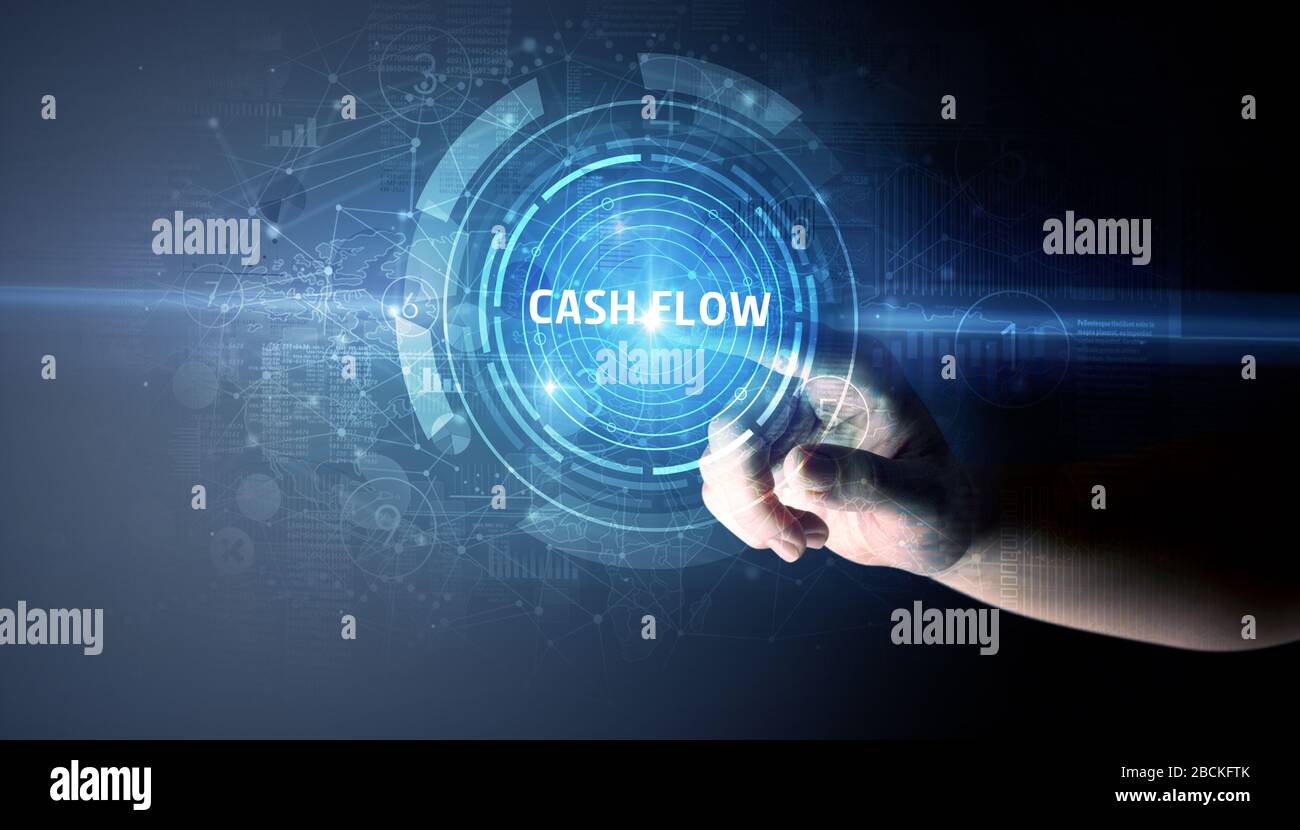 Hand touching CASH FLOW button, modern business technology concept Stock Photo